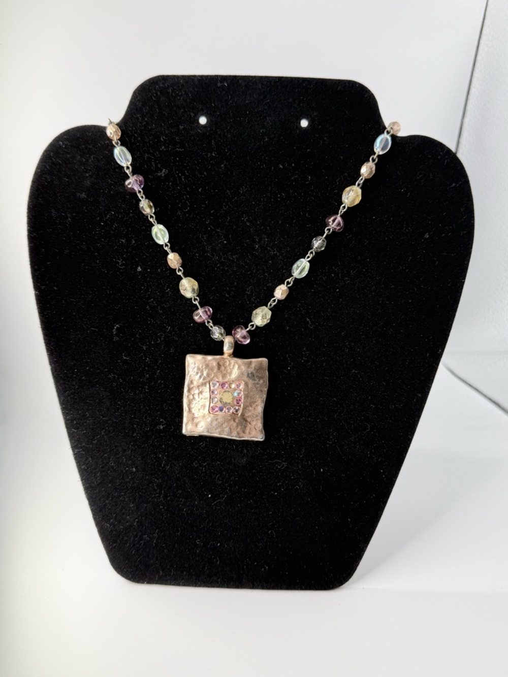 Artisan Multi-Color Beaded Necklace with Gold-Tone Square Pendant